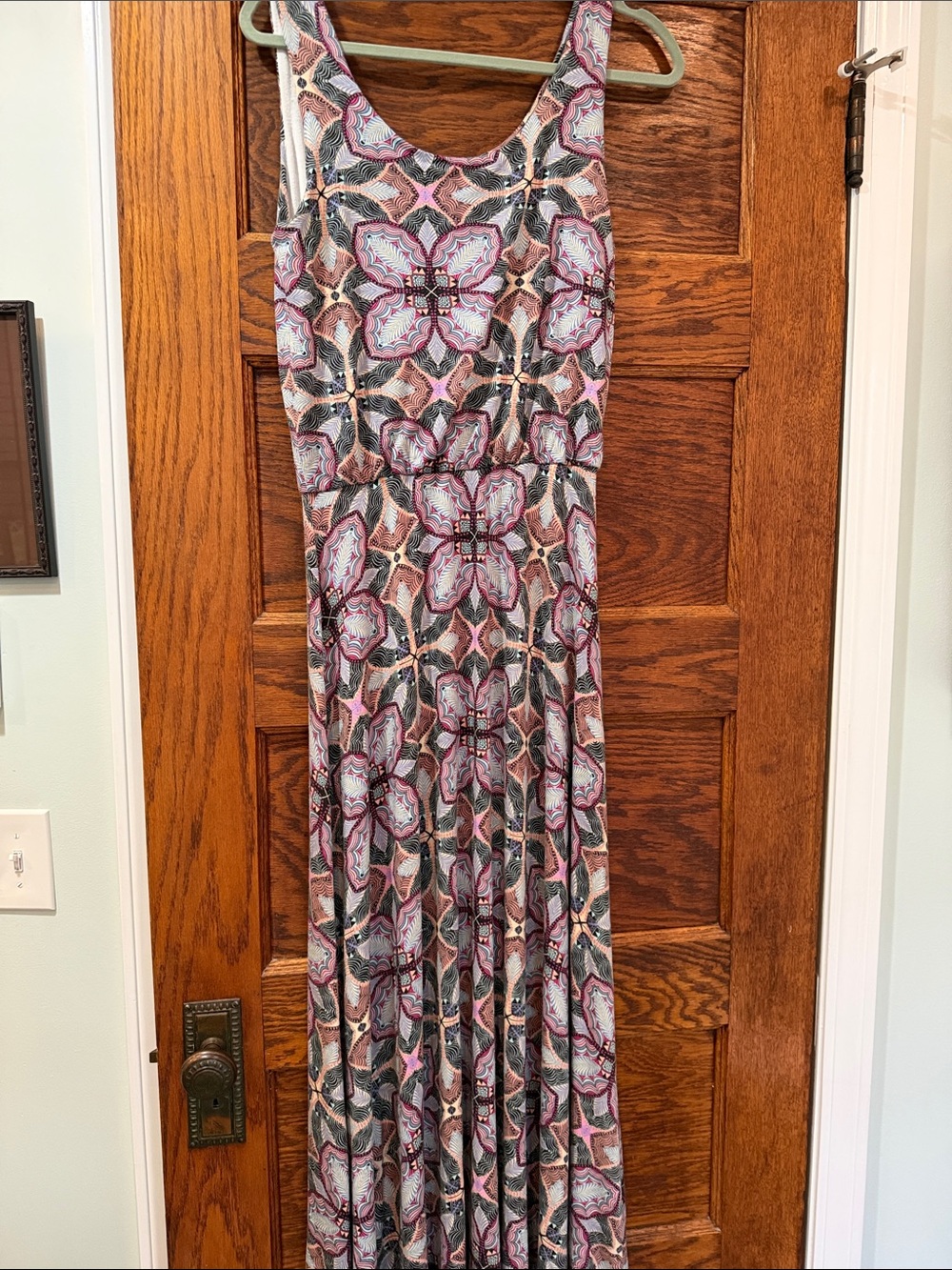 Renee C. Pink and Gray Patterned Sleeveless Maxi Dress. 51” from neckline to hem